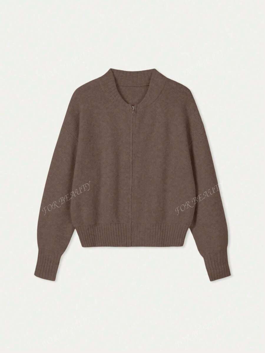 Women's Round Neck Zip-Up Knit Cardigan – Solid Color (Autumn/Winter)