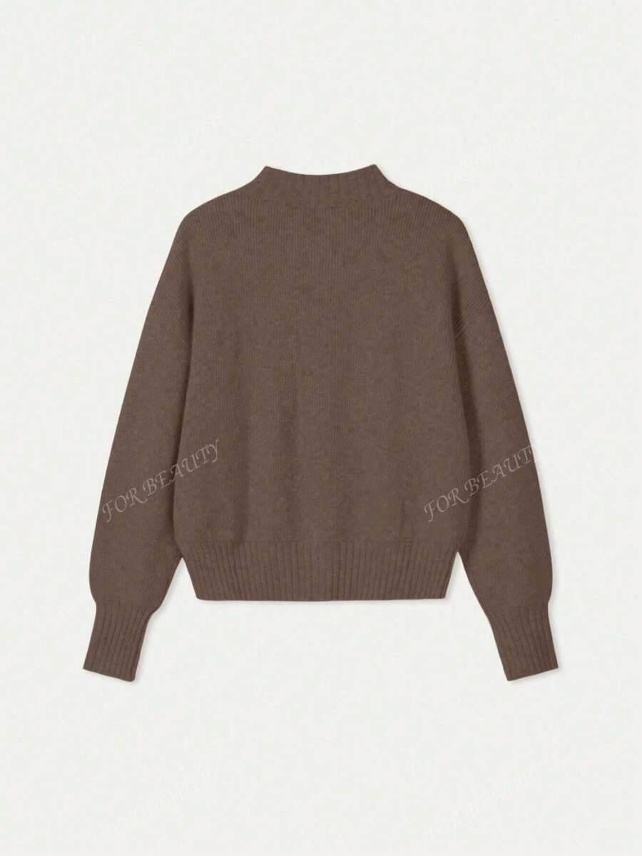 Women's Round Neck Zip-Up Knit Cardigan – Solid Color (Autumn/Winter)