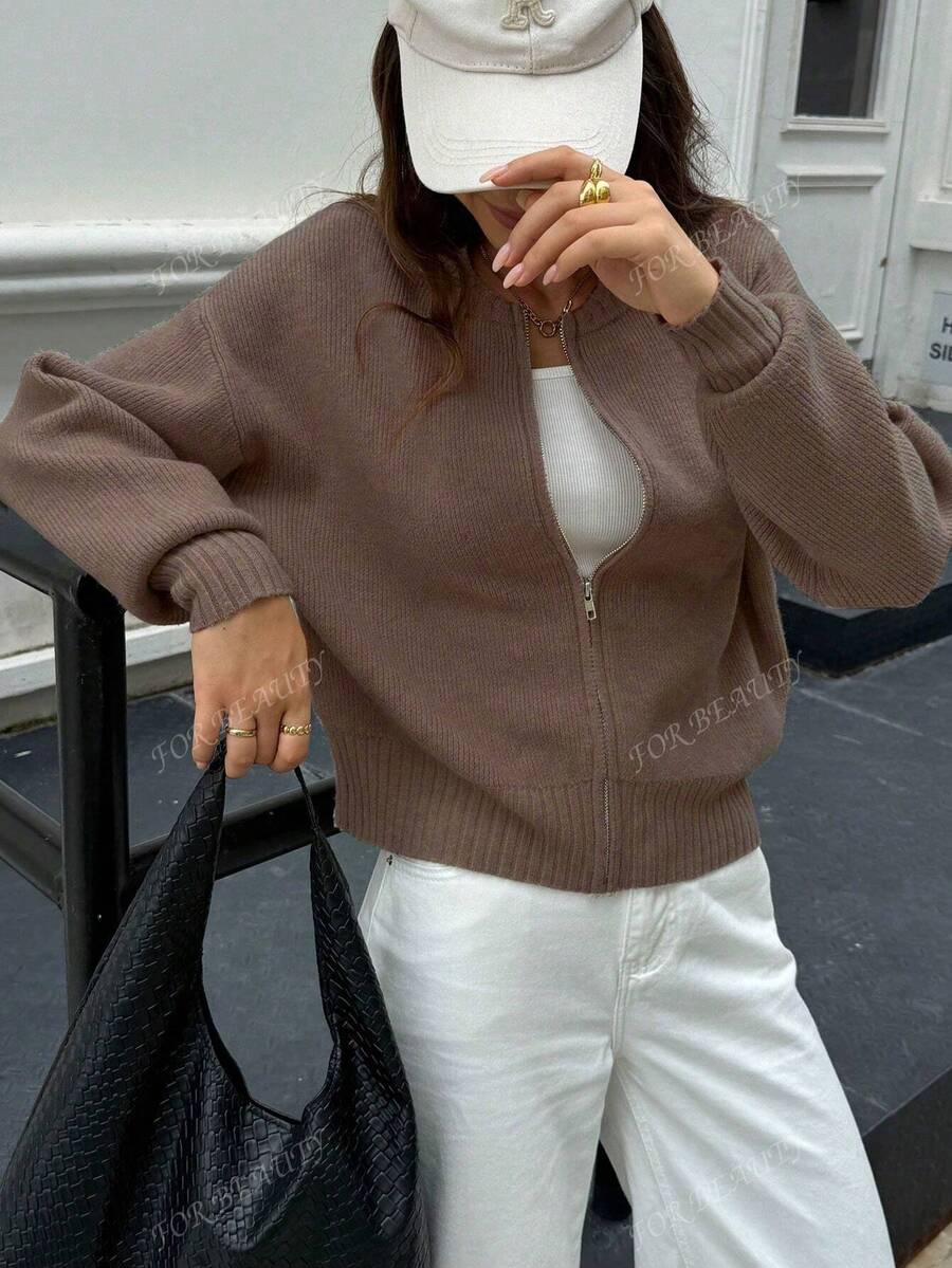Women's Round Neck Zip-Up Knit Cardigan – Solid Color (Autumn/Winter)