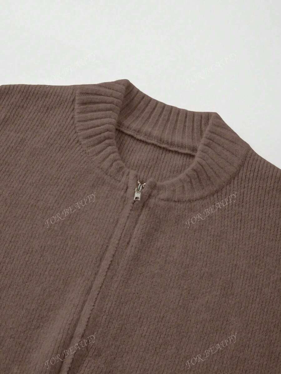 Women's Round Neck Zip-Up Knit Cardigan – Solid Color (Autumn/Winter)