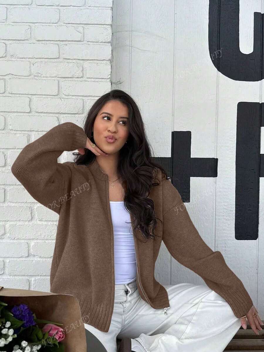 Women's Round Neck Zip-Up Knit Cardigan – Solid Color (Autumn/Winter)