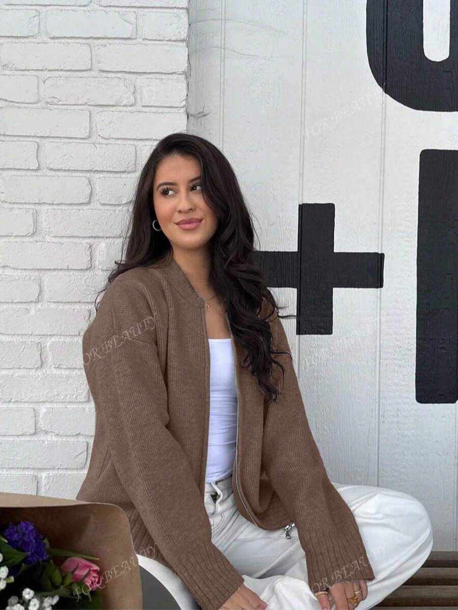 Women's Round Neck Zip-Up Knit Cardigan – Solid Color (Autumn/Winter)
