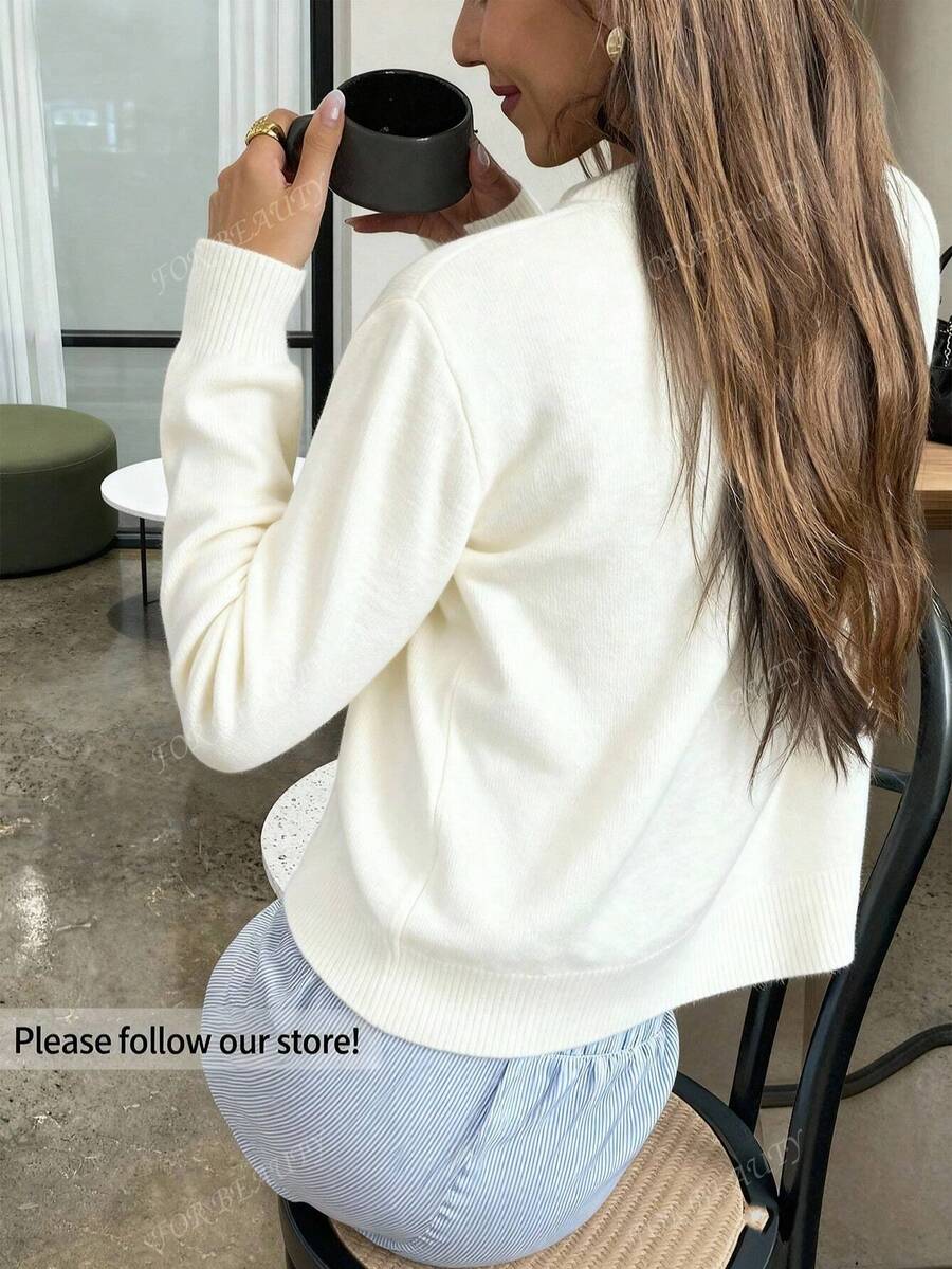 Women's Round Neck Twisted Buckle Knit Cardigan – Solid Color (Autumn/Winter)