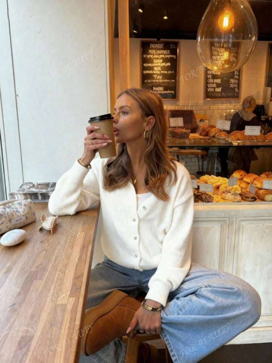 Women's Round Neck Twisted Buckle Knit Cardigan – Solid Color (Autumn/Winter)