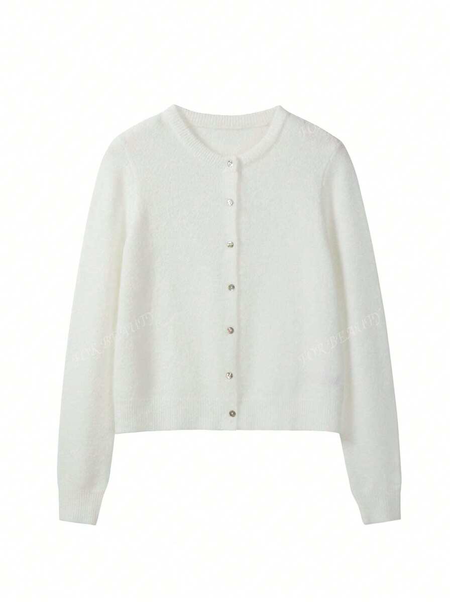 Women's Round Neck Twisted Buckle Knit Cardigan – Solid Color (Autumn/Winter)