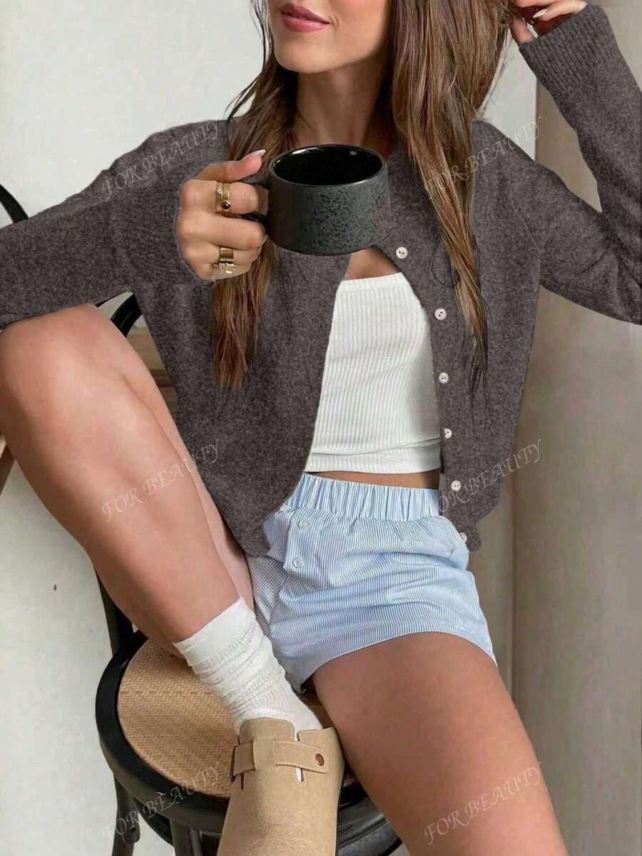 Women's Round Neck Twisted Buckle Knit Cardigan – Solid Color (Autumn/Winter)