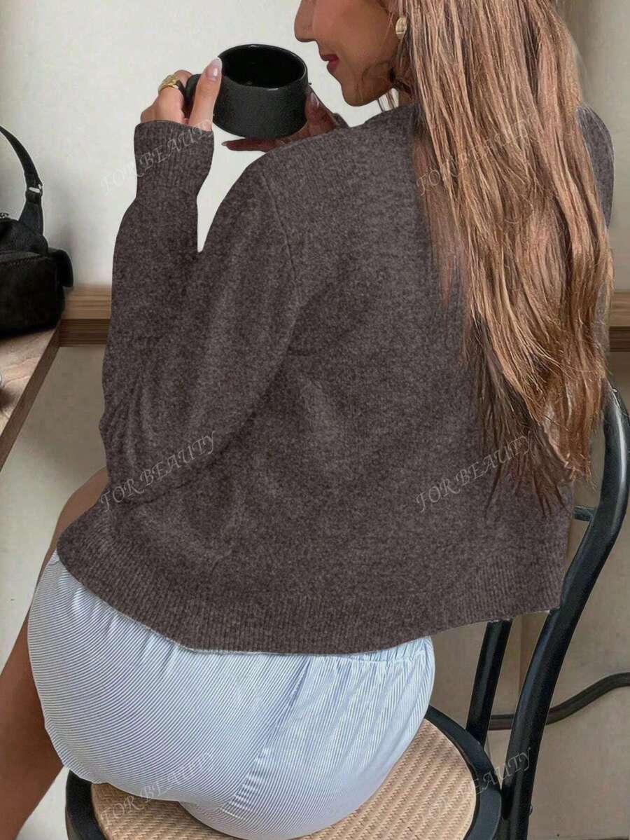 Women's Round Neck Twisted Buckle Knit Cardigan – Solid Color (Autumn/Winter)