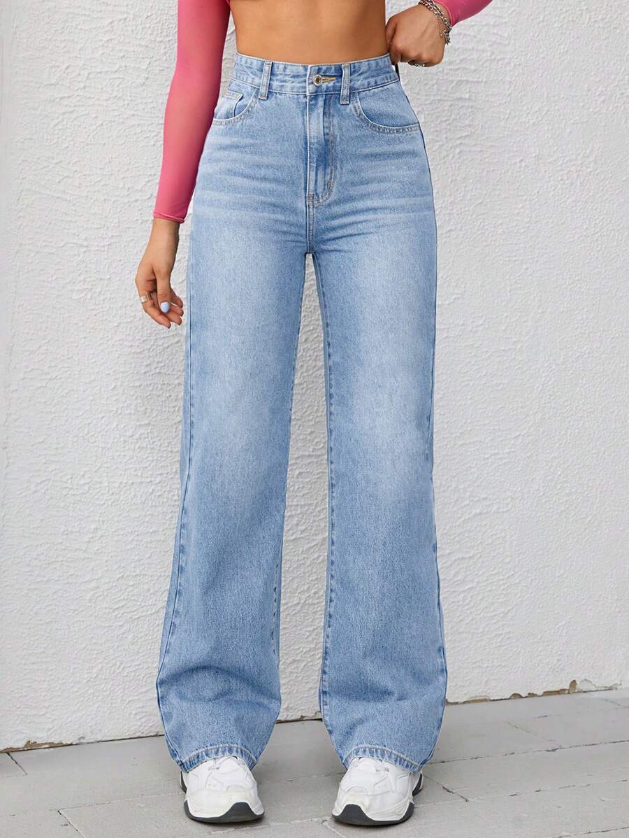 Women's Retro Washed Straight-Leg Jeans – Mid-Waist