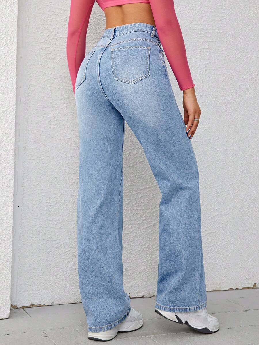 Women's Retro Washed Straight-Leg Jeans – Mid-Waist