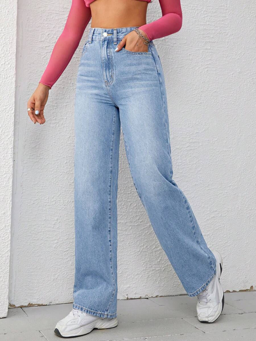 Women's Retro Washed Straight-Leg Jeans – Mid-Waist