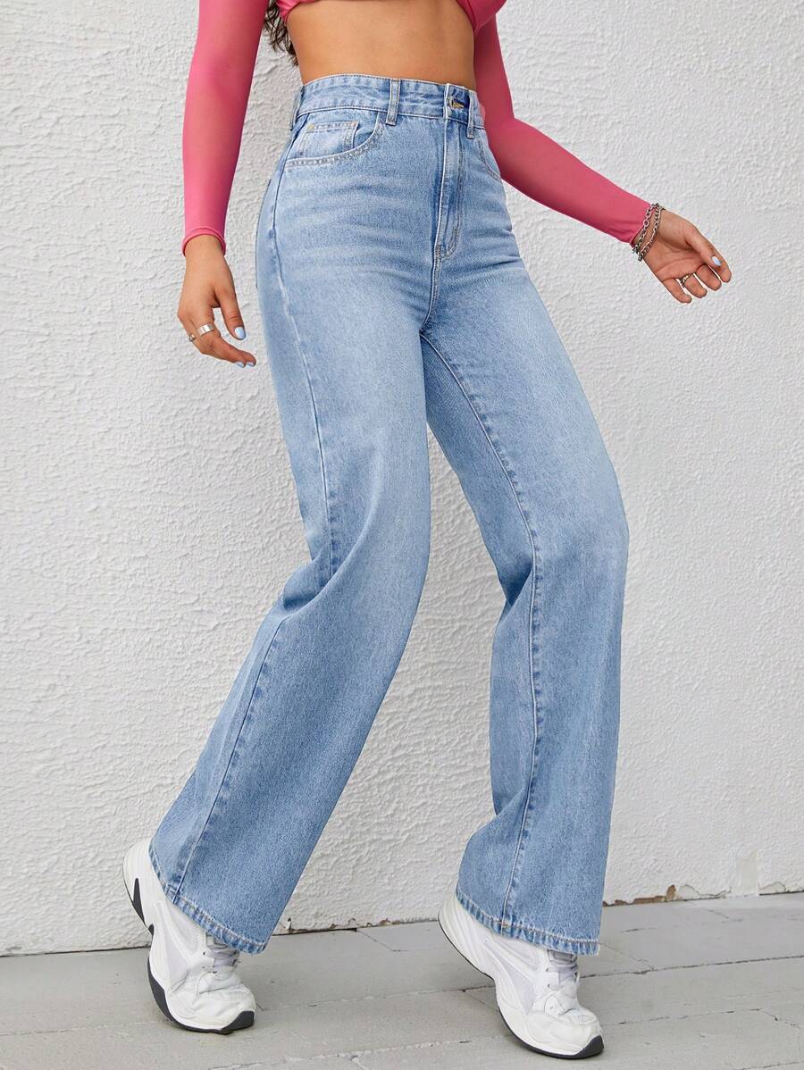 Women's Retro Washed Straight-Leg Jeans – Mid-Waist