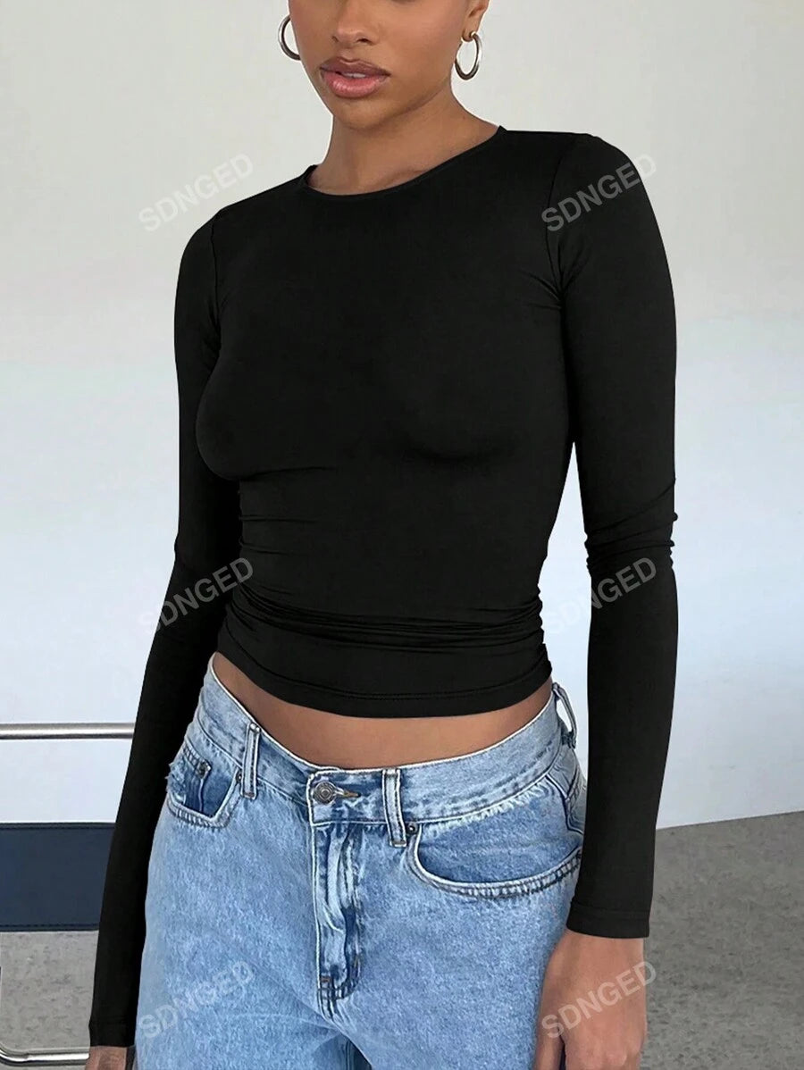 Women's Ruched Slim-Fit Long Sleeve T-Shirt – Plain Crew Neck (All Seasons)