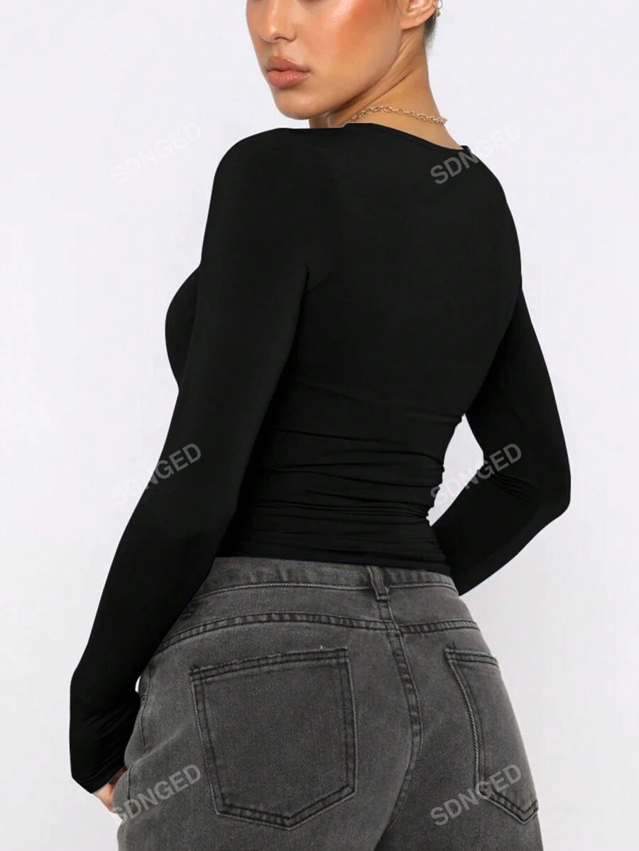 Women's Ruched Slim-Fit Long Sleeve T-Shirt – Plain Crew Neck (All Seasons)