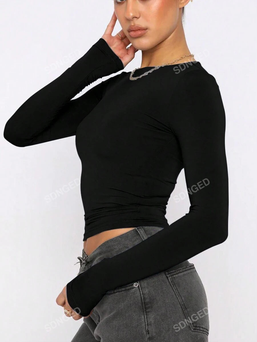 Women's Ruched Slim-Fit Long Sleeve T-Shirt – Plain Crew Neck (All Seasons)