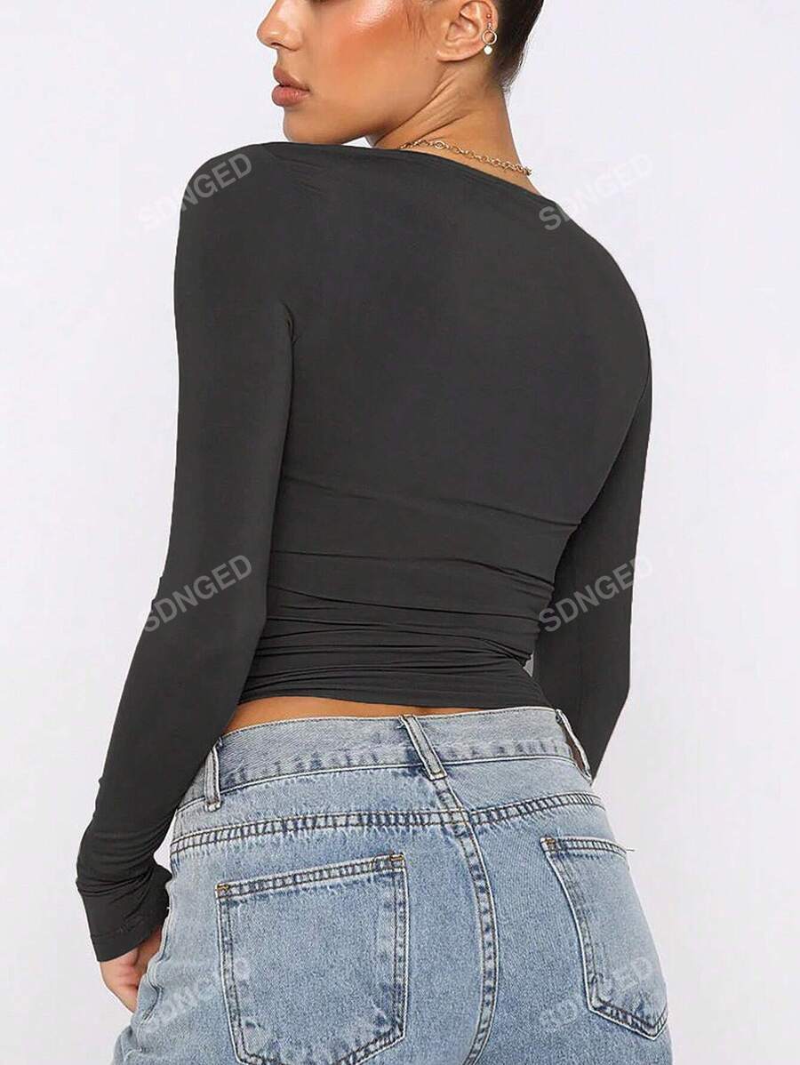 Women's Ruched Slim-Fit Long Sleeve T-Shirt – Plain Crew Neck (All Seasons)