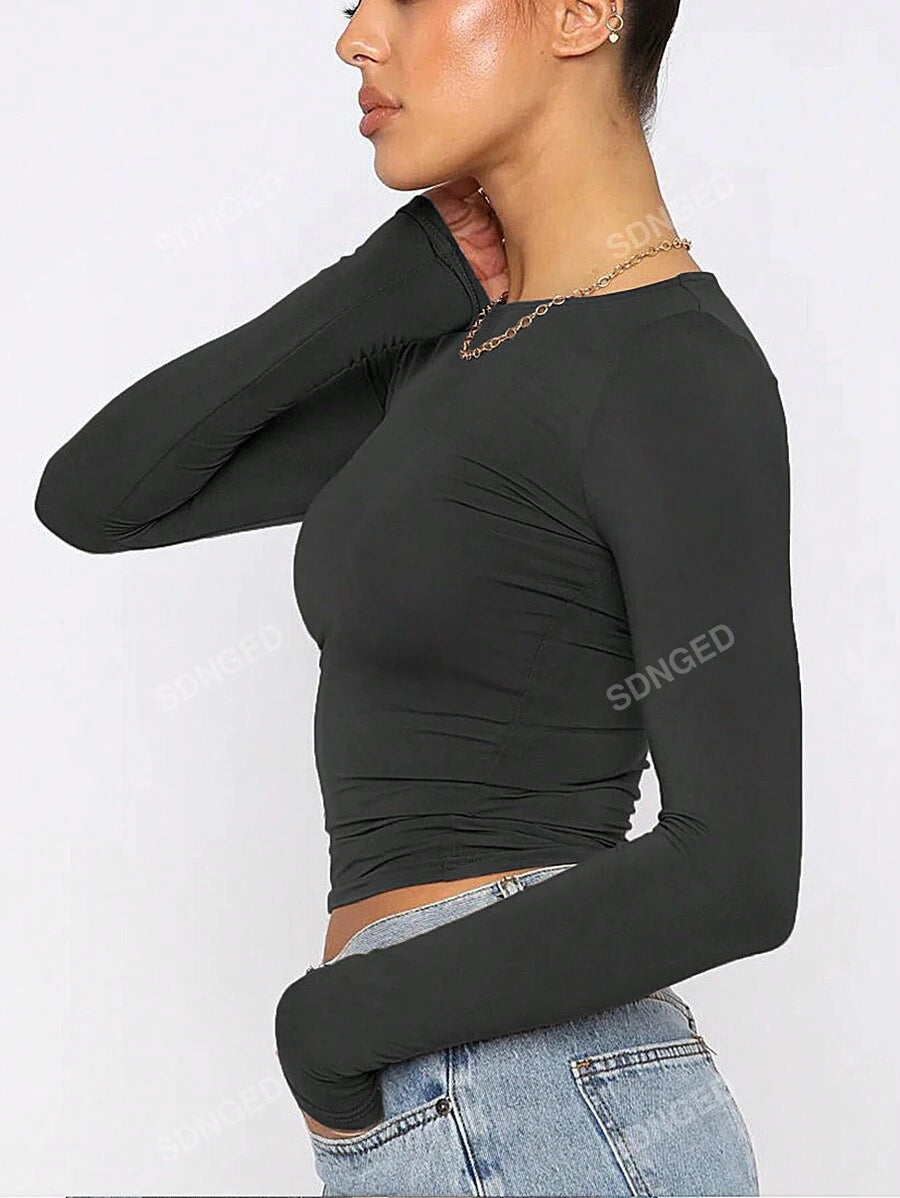 Women's Ruched Slim-Fit Long Sleeve T-Shirt – Plain Crew Neck (All Seasons)
