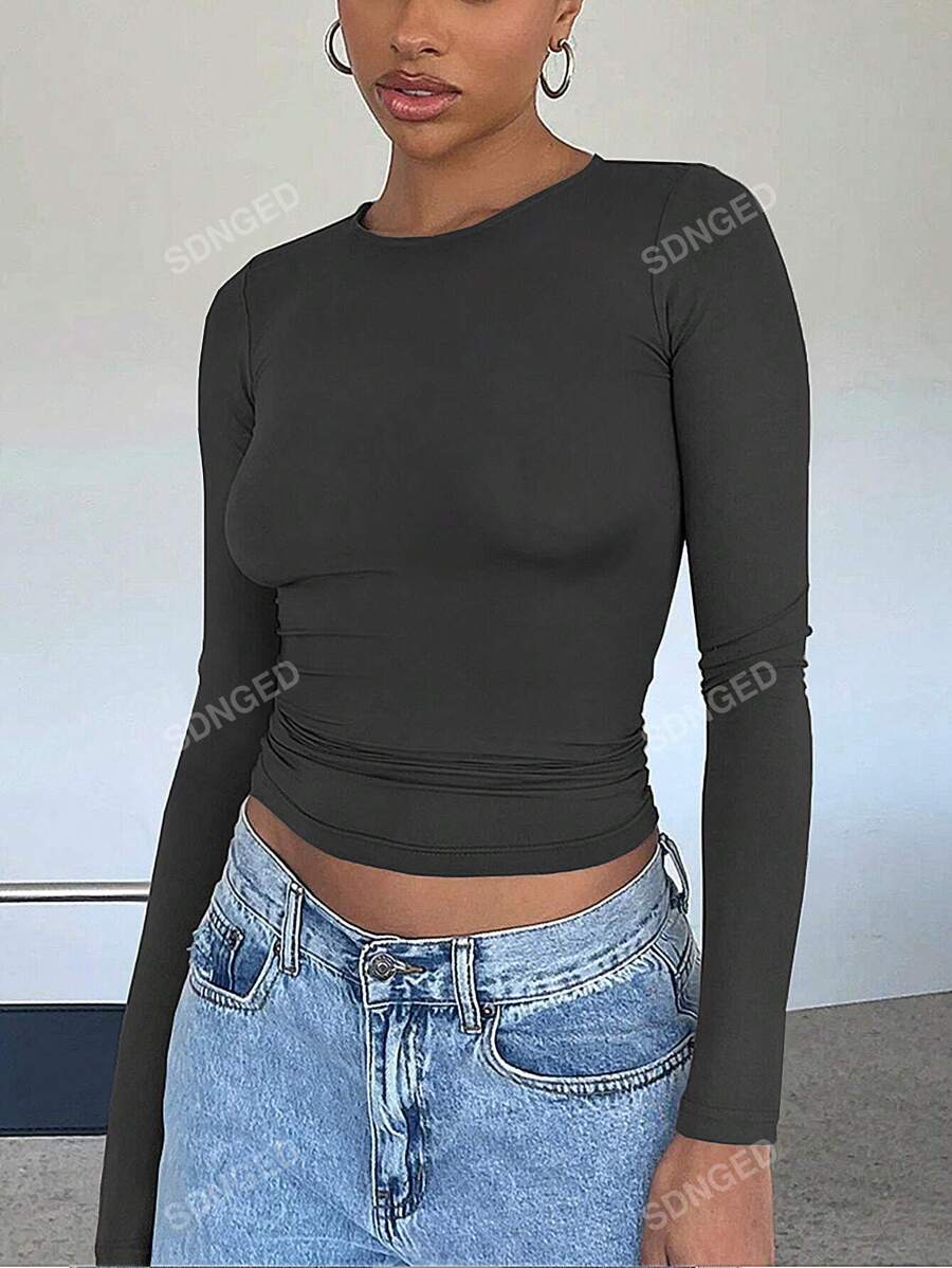 Women's Ruched Slim-Fit Long Sleeve T-Shirt – Plain Crew Neck (All Seasons)