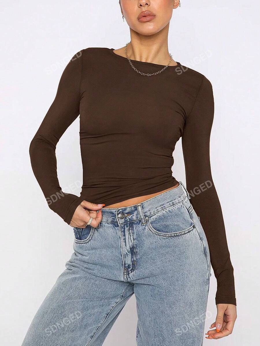 Women's Ruched Slim-Fit Long Sleeve T-Shirt – Plain Crew Neck (All Seasons)