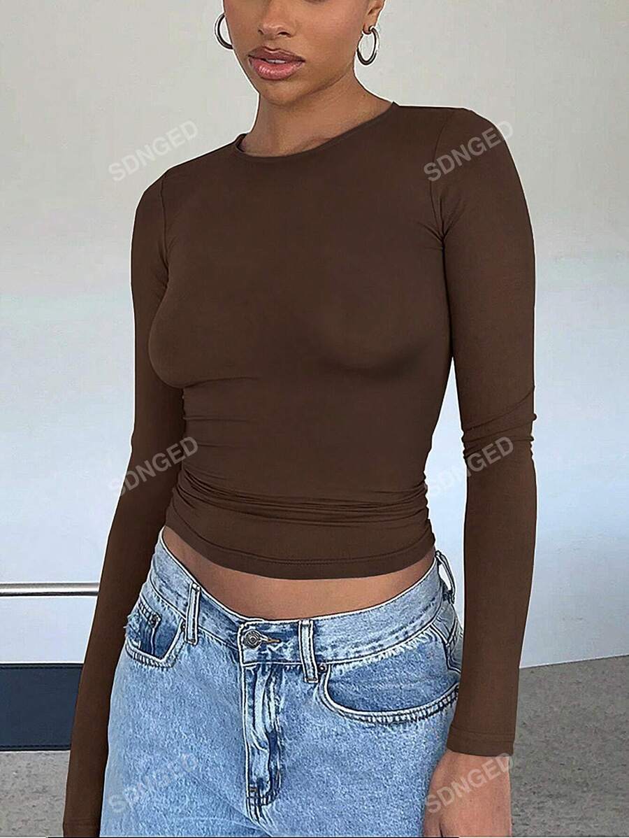 Women's Ruched Slim-Fit Long Sleeve T-Shirt – Plain Crew Neck (All Seasons)