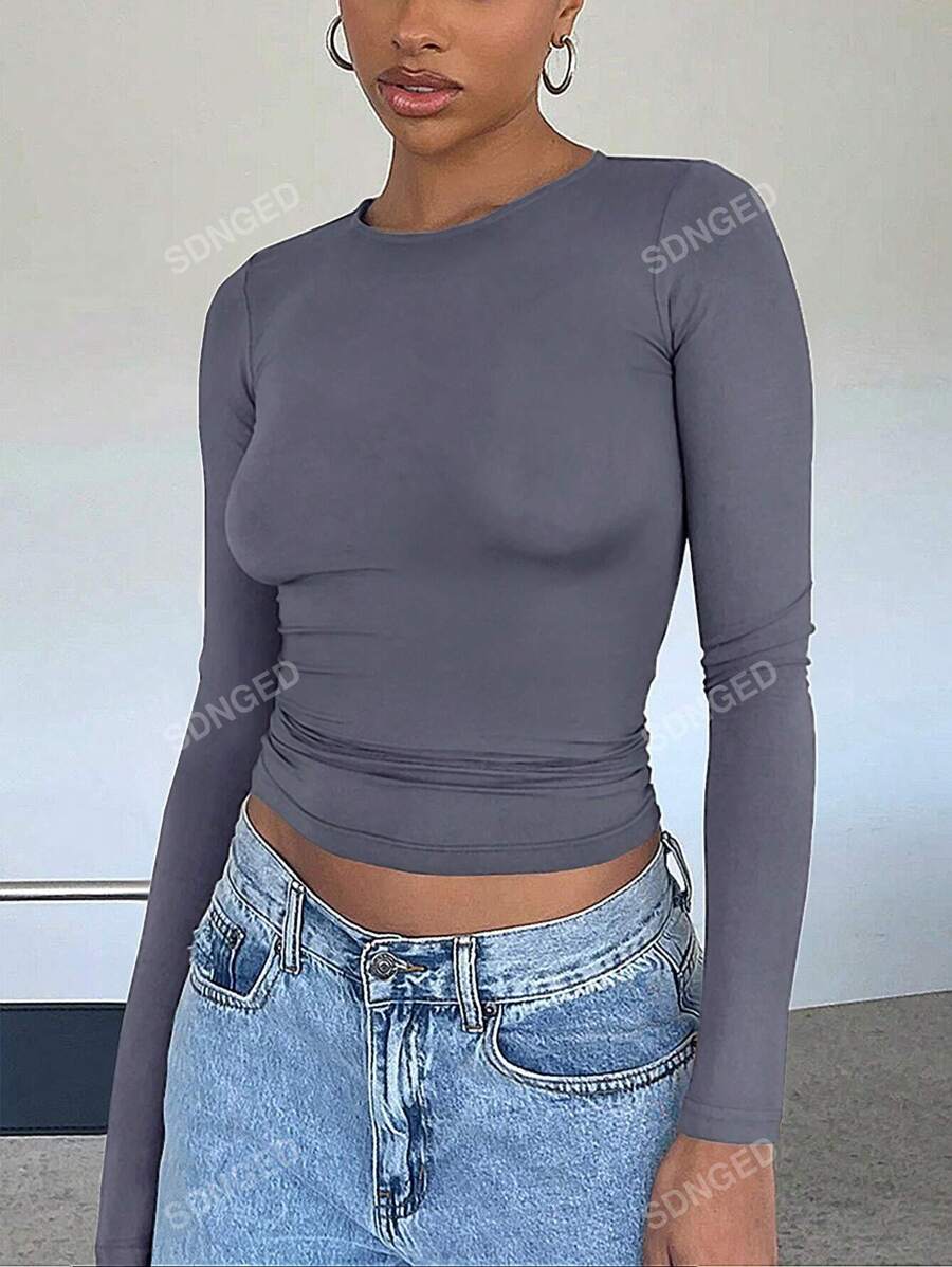 Women's Ruched Slim-Fit Long Sleeve T-Shirt – Plain Crew Neck (All Seasons)