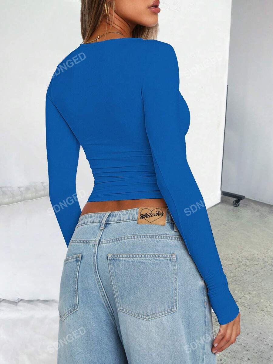 Women's Ruched Slim-Fit Long Sleeve T-Shirt – Plain Crew Neck (All Seasons)