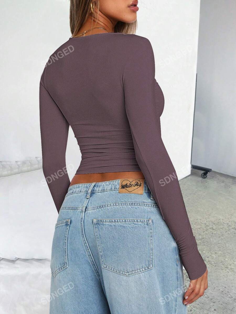 Women's Ruched Slim-Fit Long Sleeve T-Shirt – Plain Crew Neck (All Seasons)