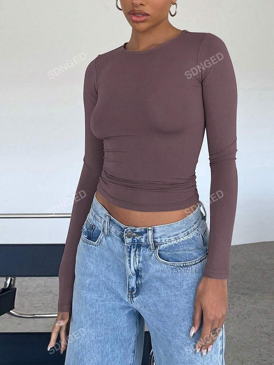 Women's Ruched Slim-Fit Long Sleeve T-Shirt – Plain Crew Neck (All Seasons)