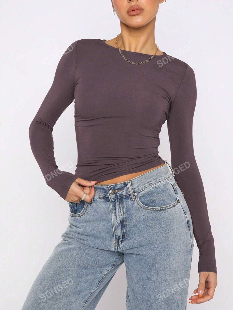 Women's Ruched Slim-Fit Long Sleeve T-Shirt – Plain Crew Neck (All Seasons)