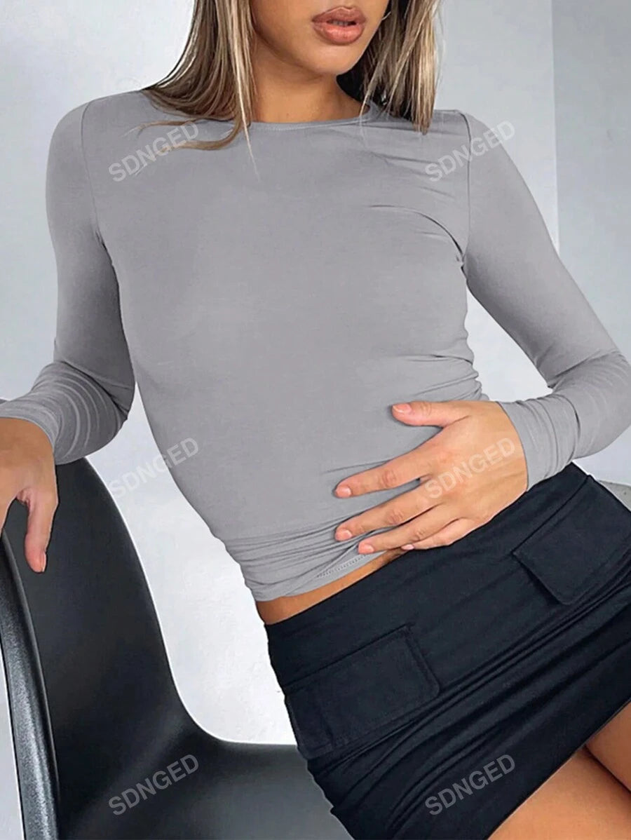 Women's Ruched Slim-Fit Long Sleeve T-Shirt – Plain Crew Neck (All Seasons)