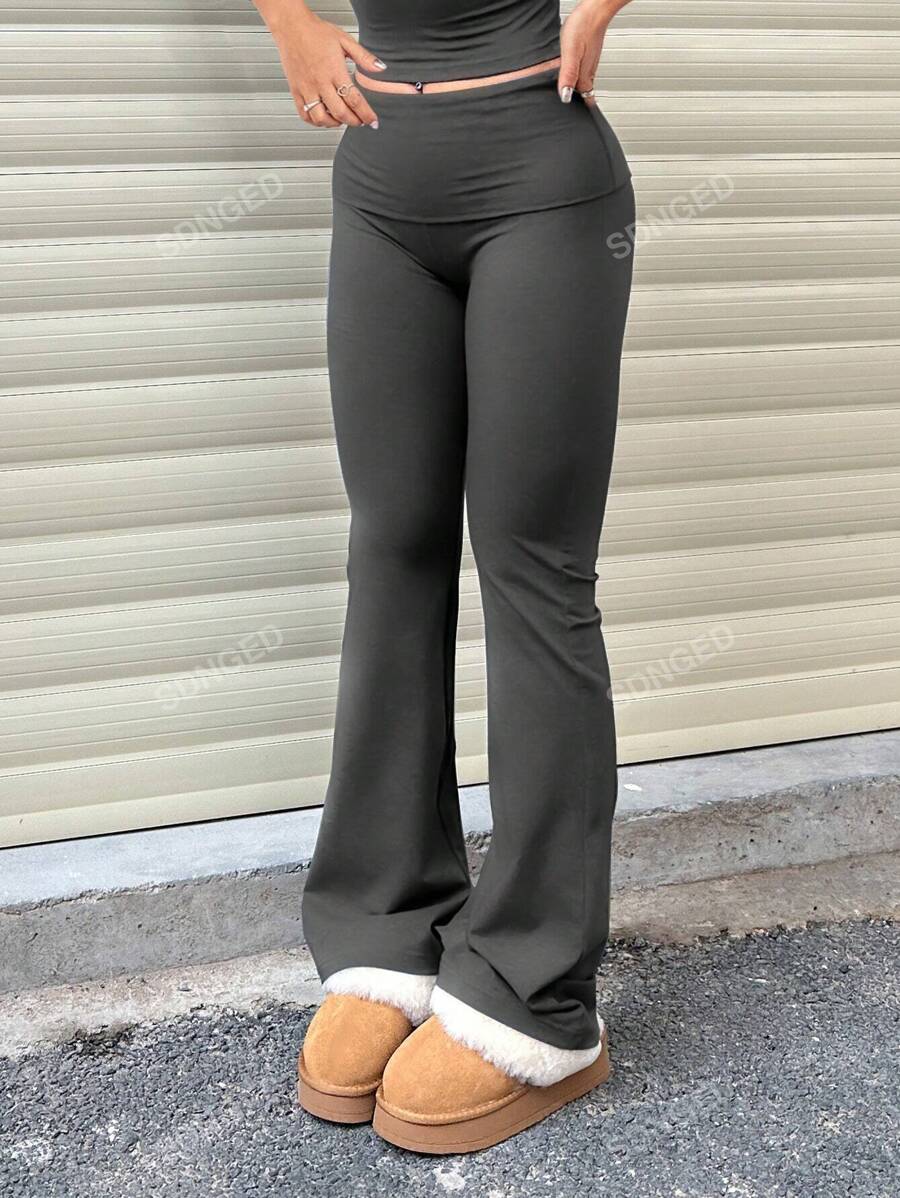 Women's High-Waist Flare Pants – Ruched Fold-Over Waist, Solid Color