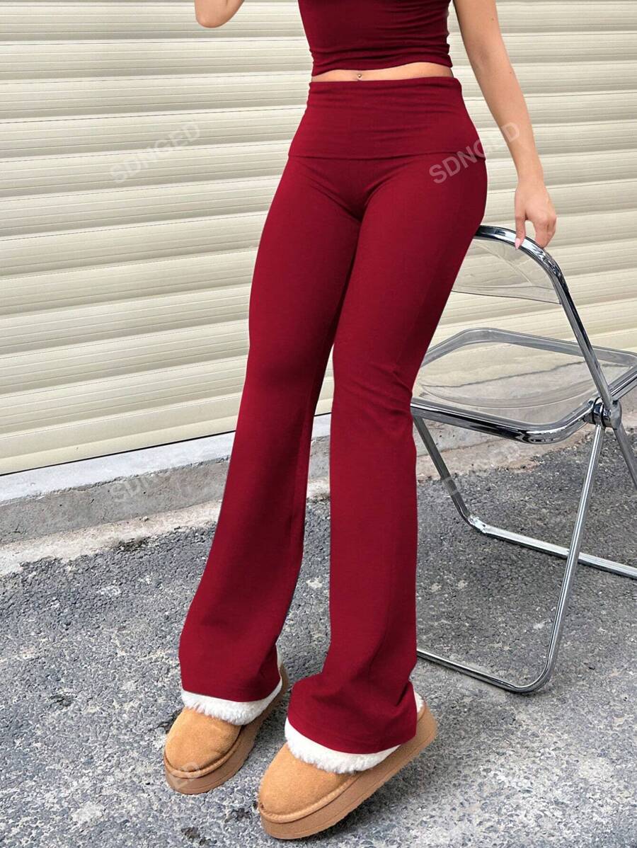 Women's High-Waist Flare Pants – Ruched Fold-Over Waist, Solid Color