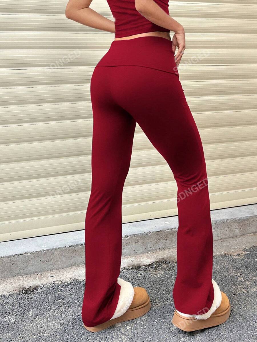 Women's High-Waist Flare Pants – Ruched Fold-Over Waist, Solid Color