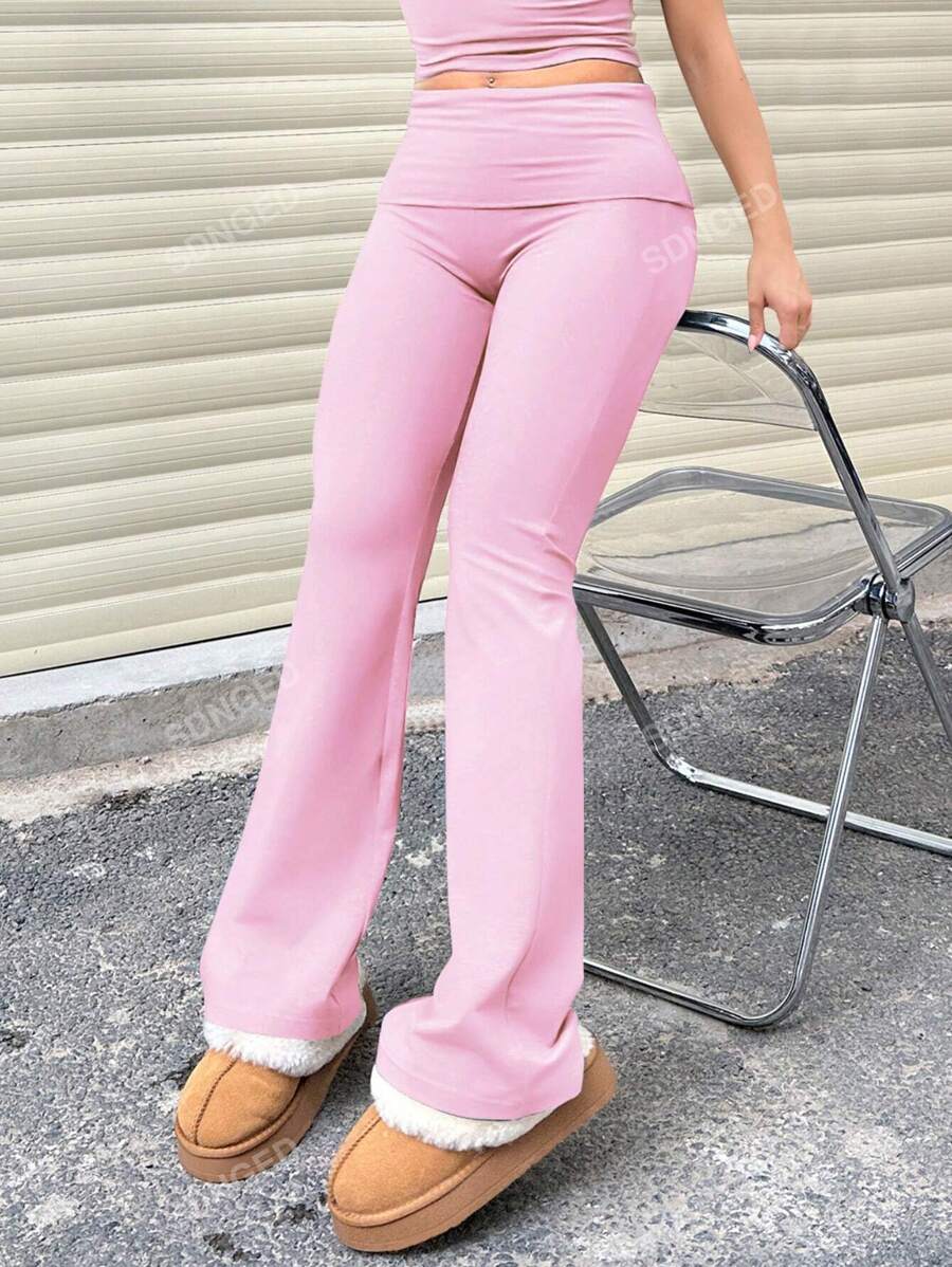 Women's High-Waist Flare Pants – Ruched Fold-Over Waist, Solid Color