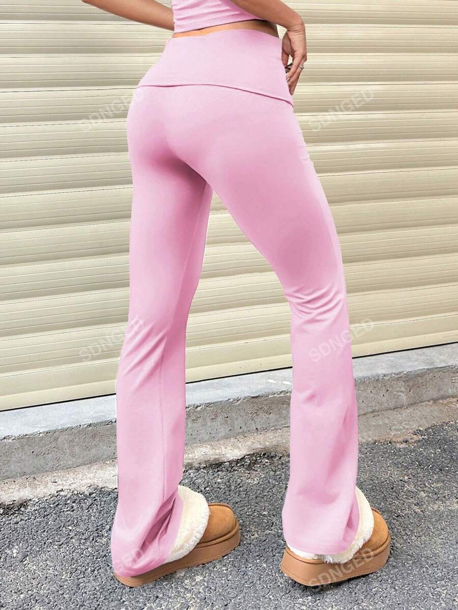 Women's High-Waist Flare Pants – Ruched Fold-Over Waist, Solid Color