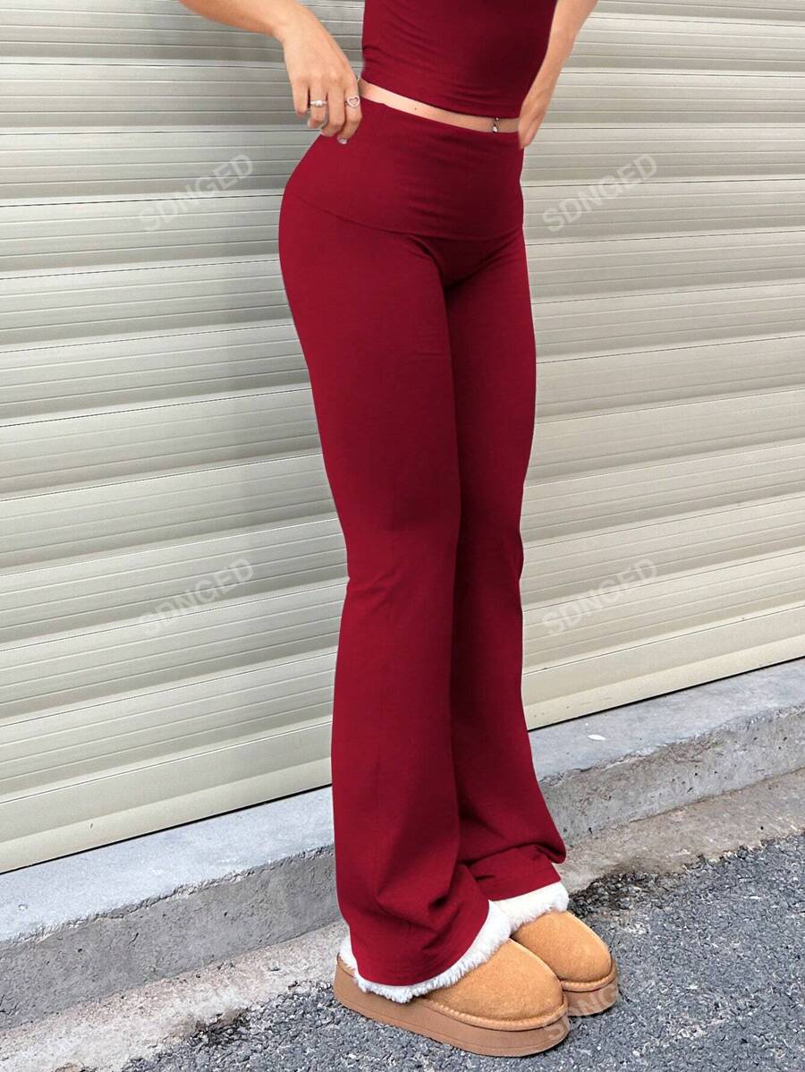 Women's High-Waist Flare Pants – Ruched Fold-Over Waist, Solid Color