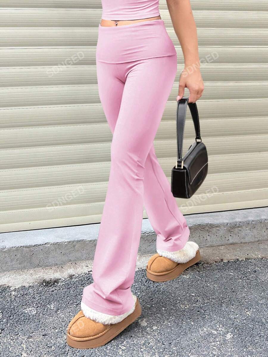 Women's High-Waist Flare Pants – Ruched Fold-Over Waist, Solid Color