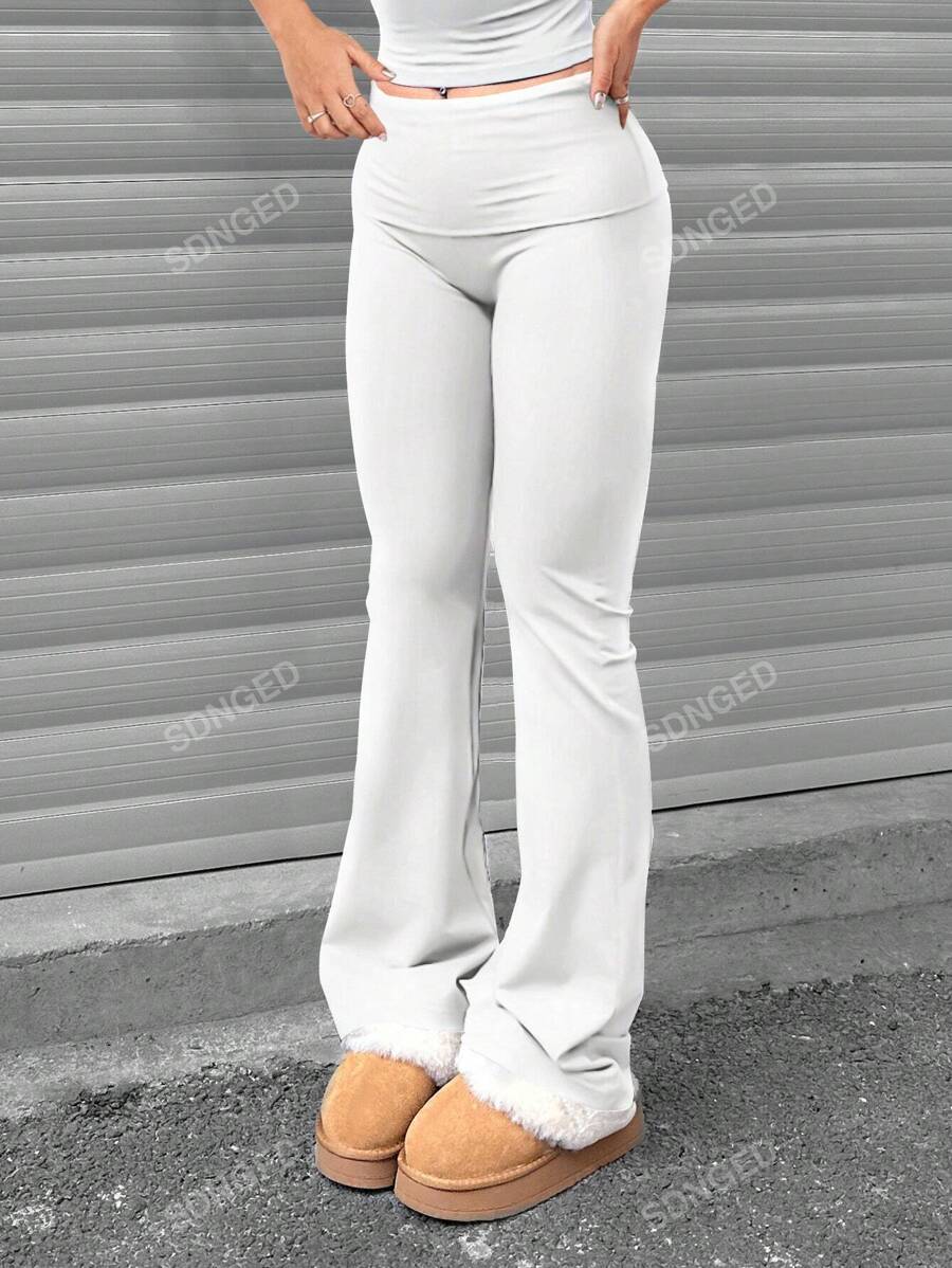 Women's High-Waist Flare Pants – Ruched Fold-Over Waist, Solid Color