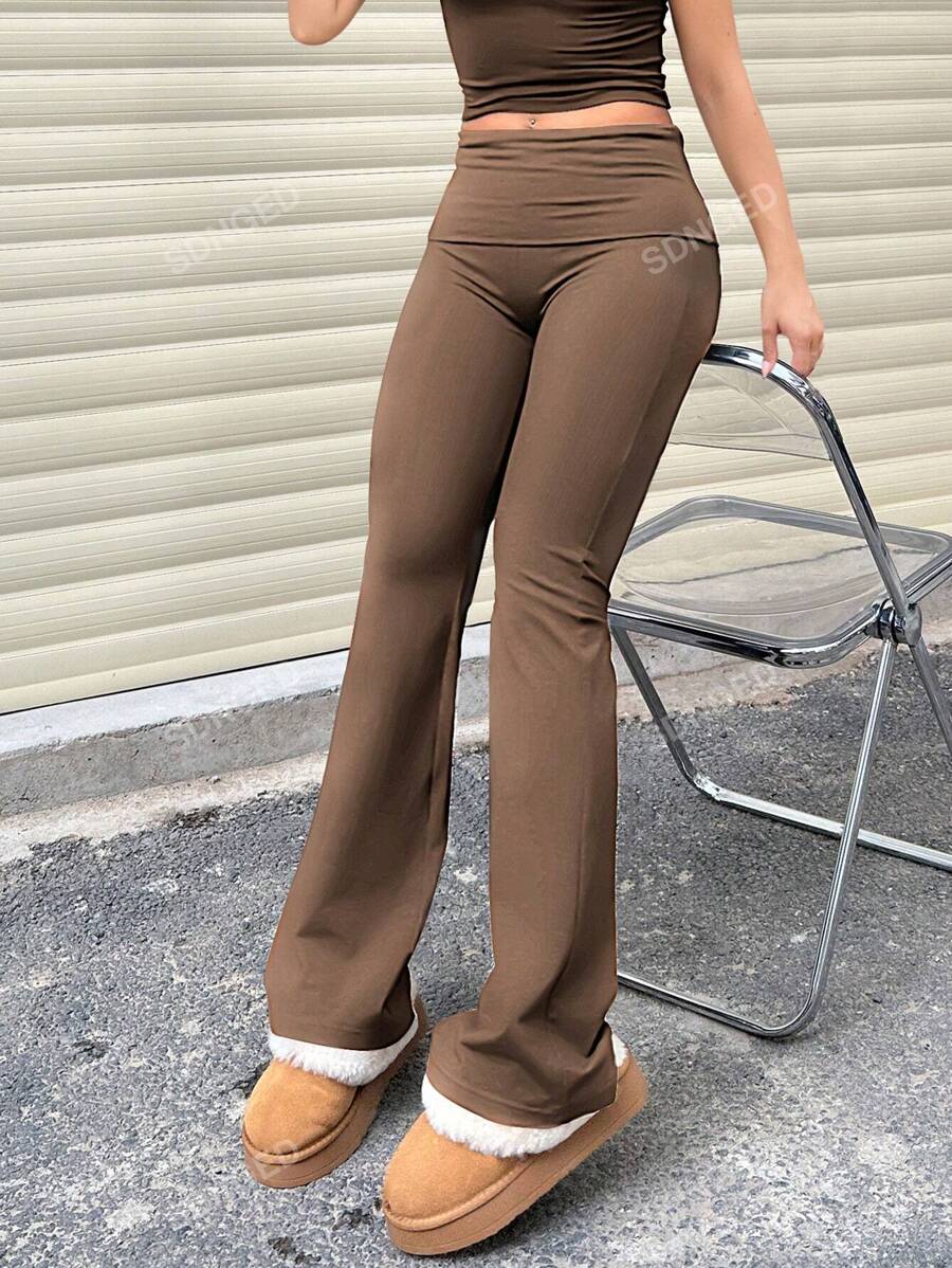 Women's High-Waist Flare Pants – Ruched Fold-Over Waist, Solid Color