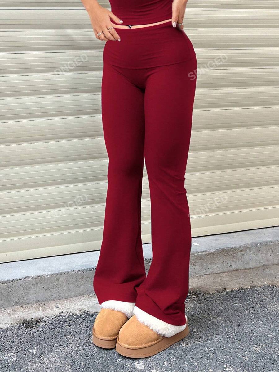 Women's High-Waist Flare Pants – Ruched Fold-Over Waist, Solid Color