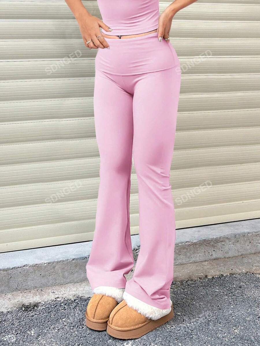 Women's High-Waist Flare Pants – Ruched Fold-Over Waist, Solid Color
