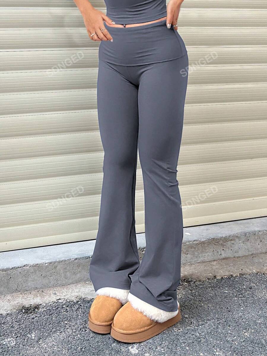 Women's High-Waist Flare Pants – Ruched Fold-Over Waist, Solid Color