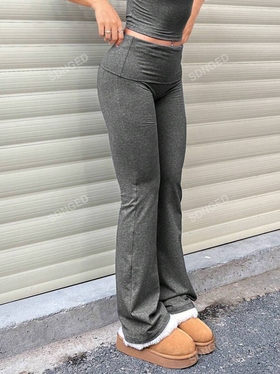 Women's High-Waist Flare Pants – Ruched Fold-Over Waist, Solid Color