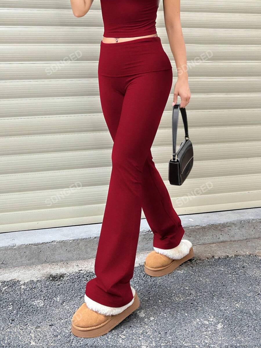 Women's High-Waist Flare Pants – Ruched Fold-Over Waist, Solid Color