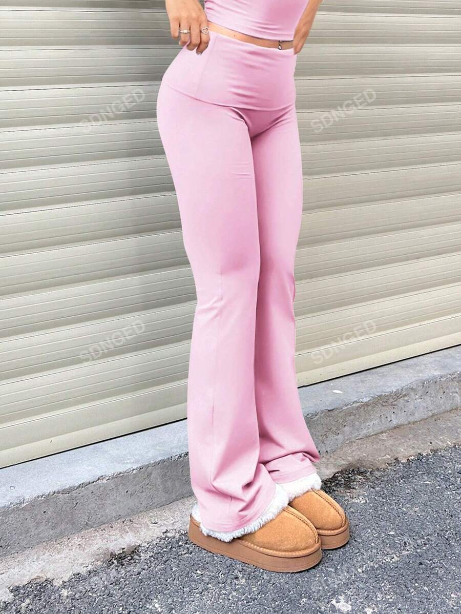 Women's High-Waist Flare Pants – Ruched Fold-Over Waist, Solid Color