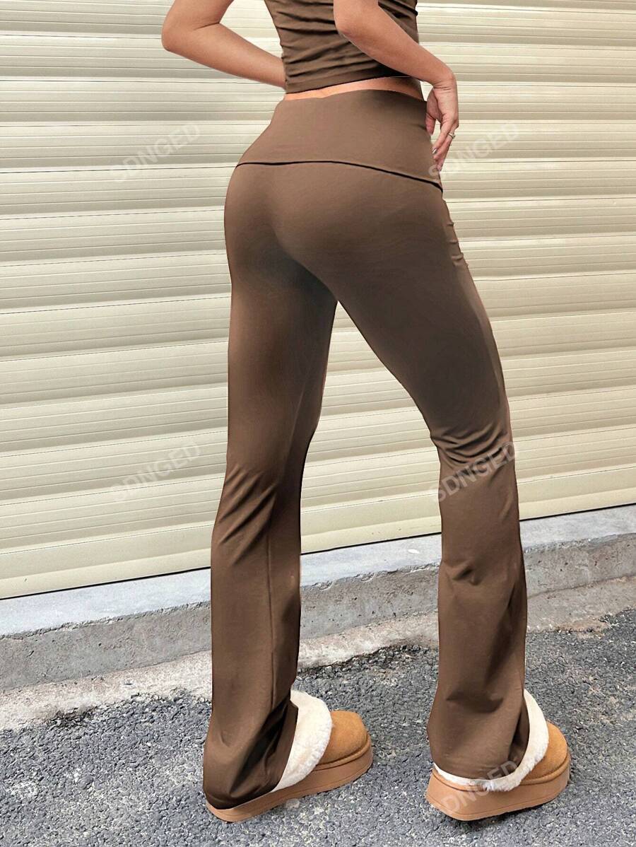 Women's High-Waist Flare Pants – Ruched Fold-Over Waist, Solid Color