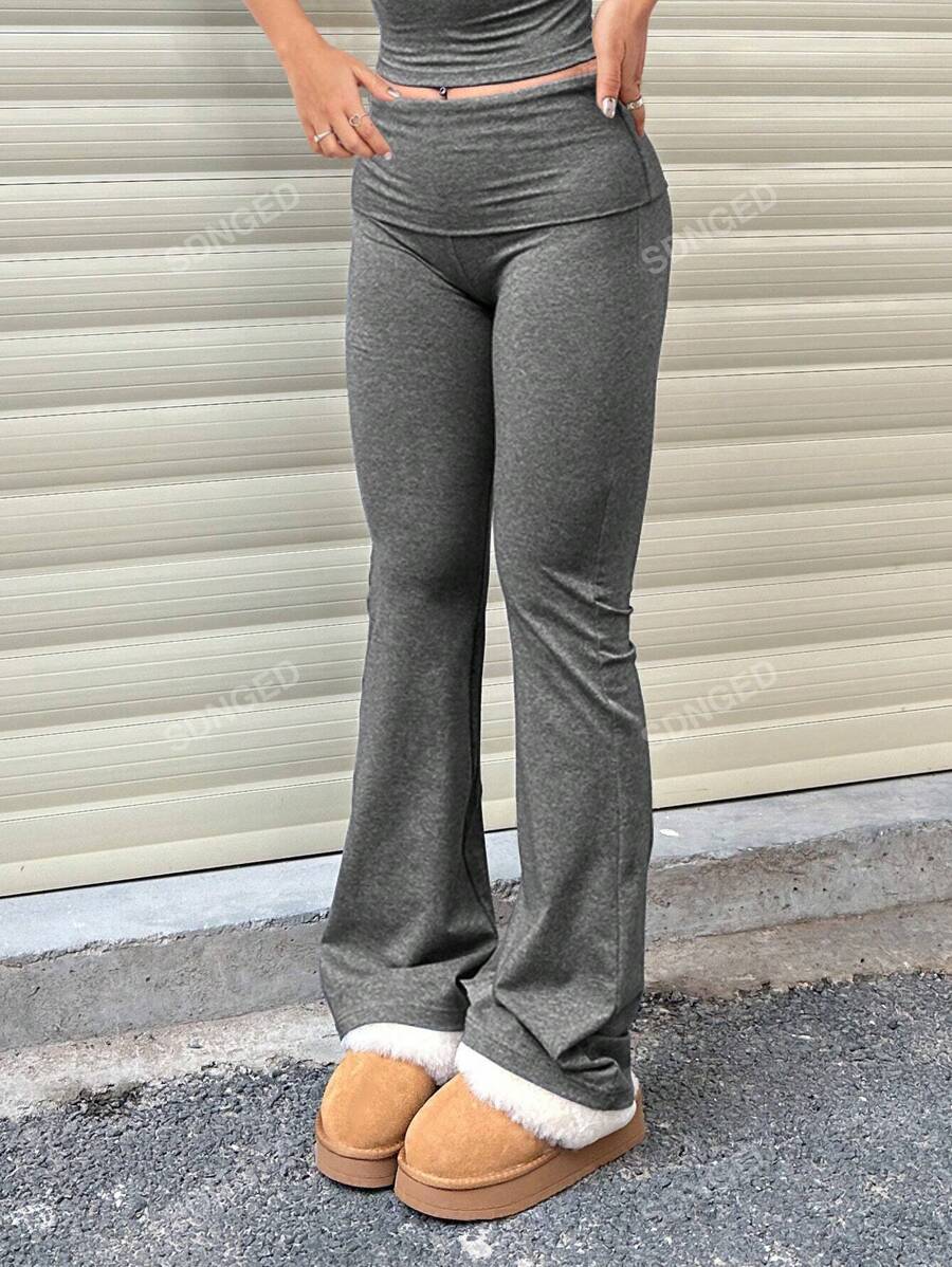 Women's High-Waist Flare Pants – Ruched Fold-Over Waist, Solid Color