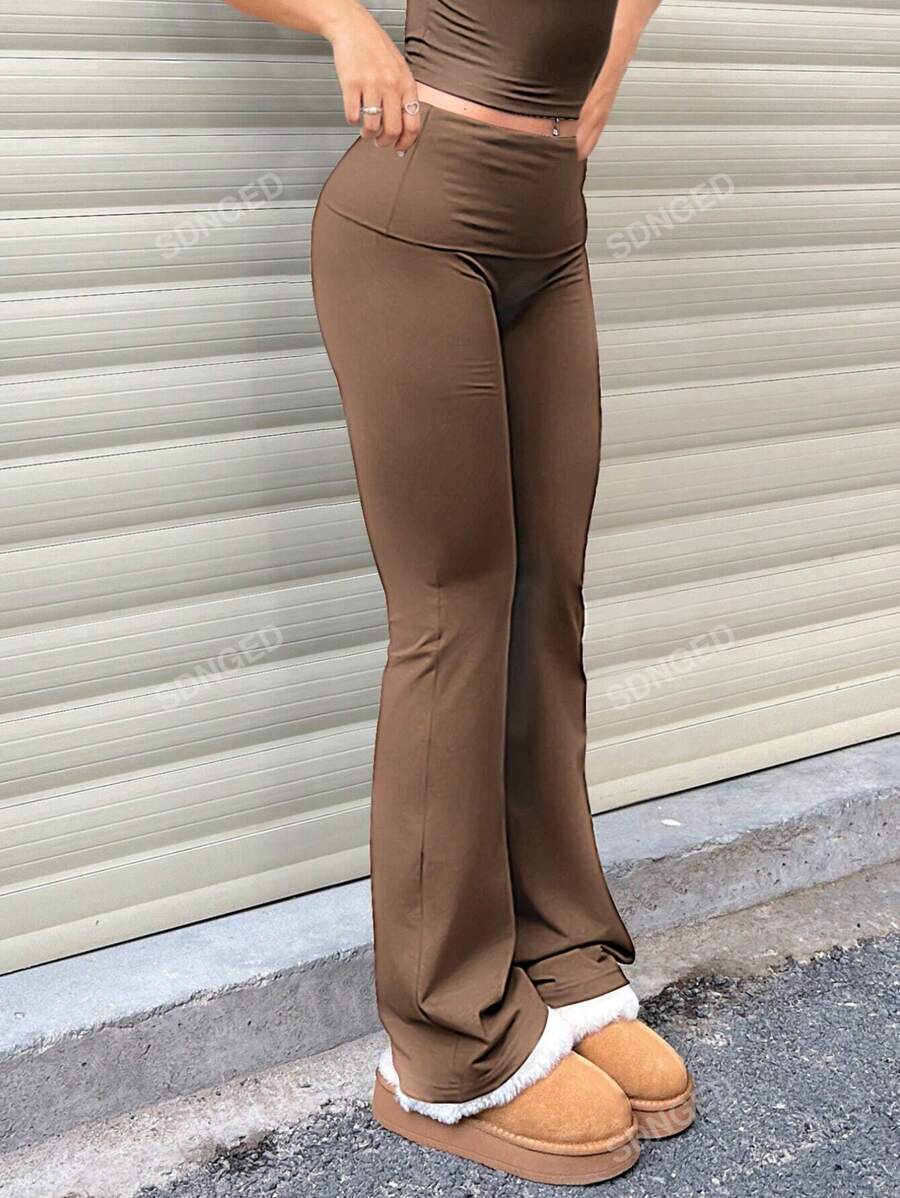 Women's High-Waist Flare Pants – Ruched Fold-Over Waist, Solid Color