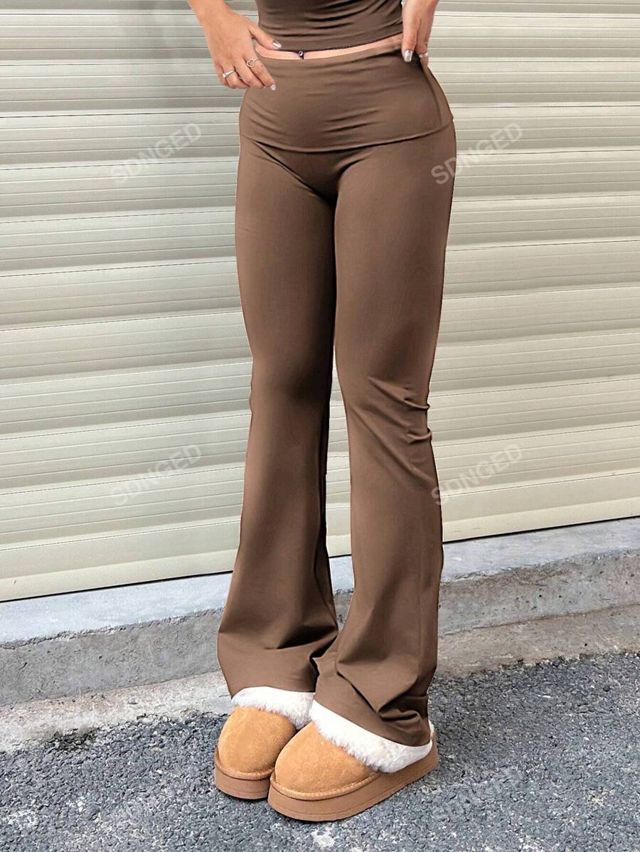 Women's High-Waist Flare Pants – Ruched Fold-Over Waist, Solid Color