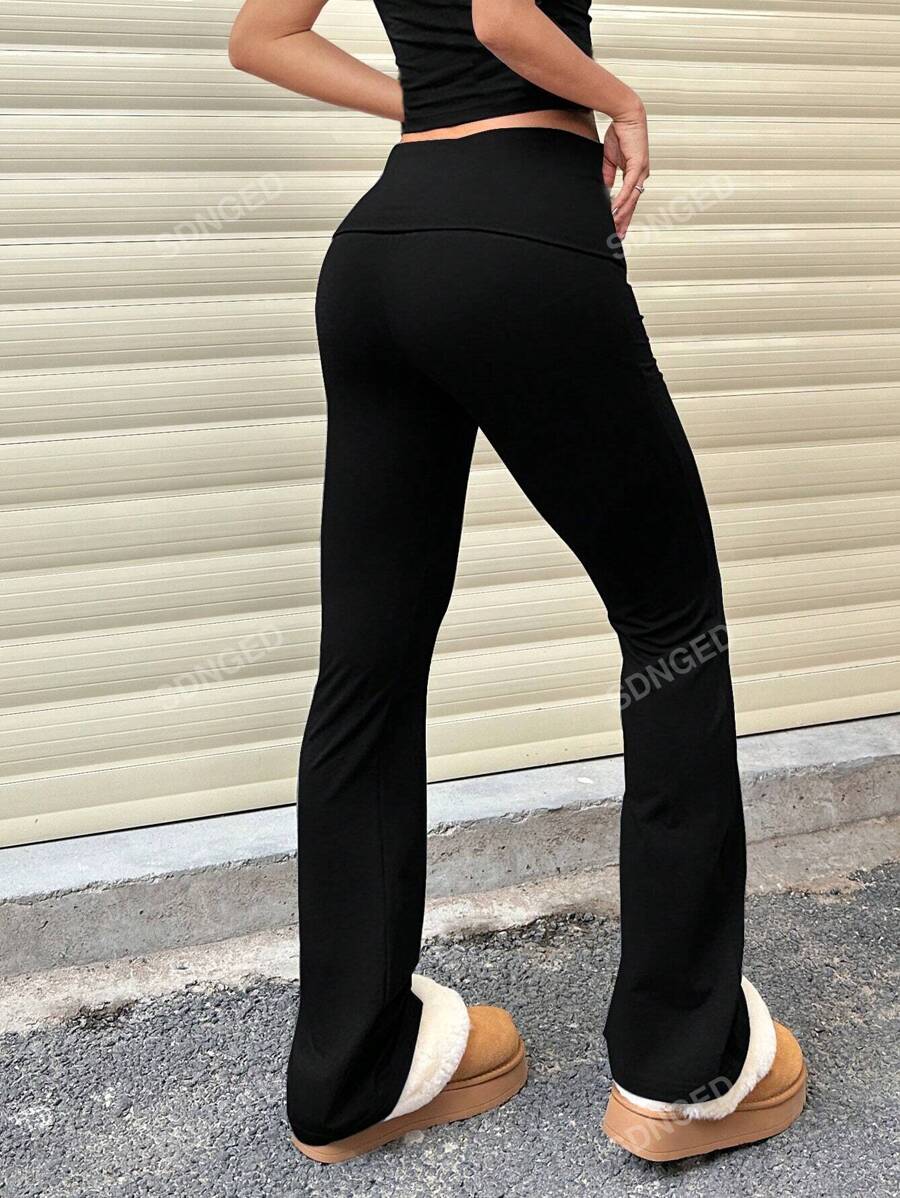 Women's High-Waist Flare Pants – Ruched Fold-Over Waist, Solid Color