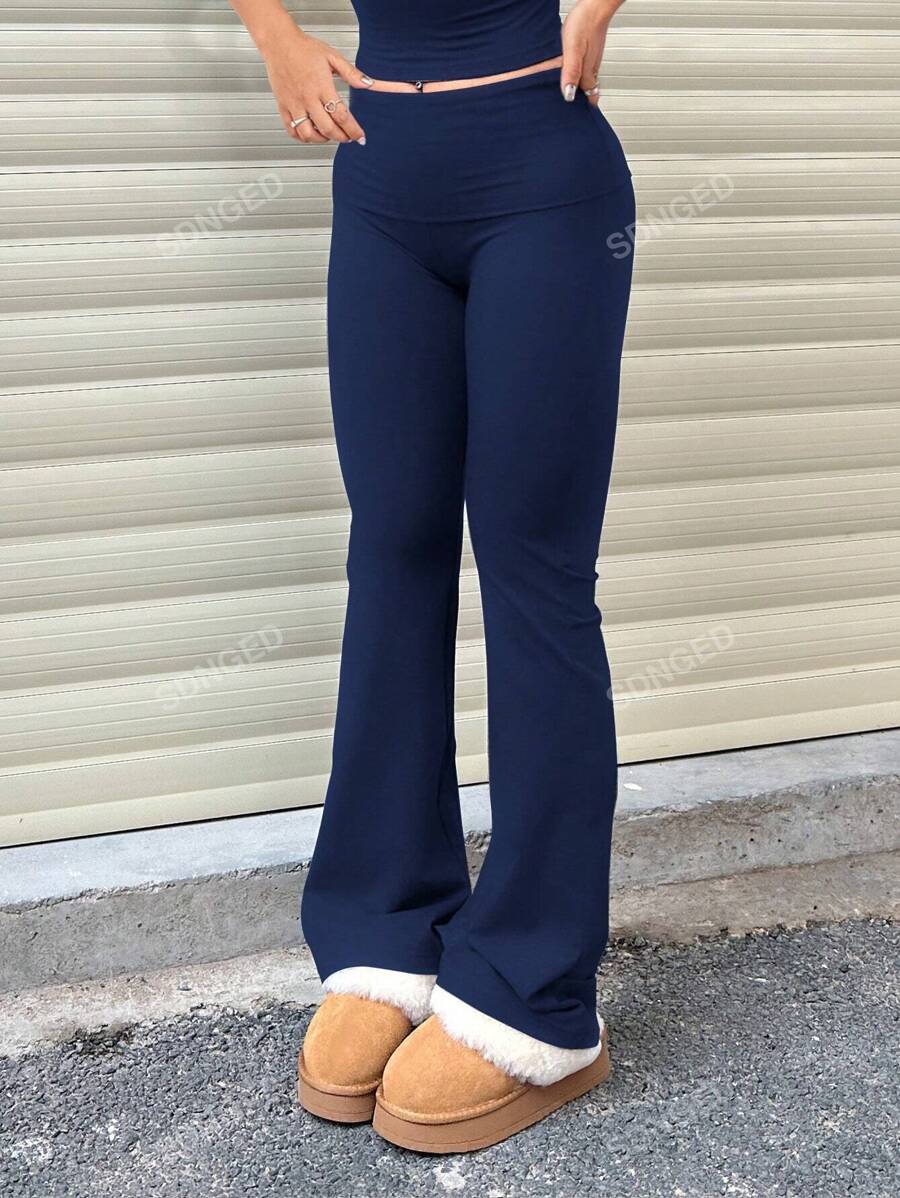 Women's High-Waist Flare Pants – Ruched Fold-Over Waist, Solid Color